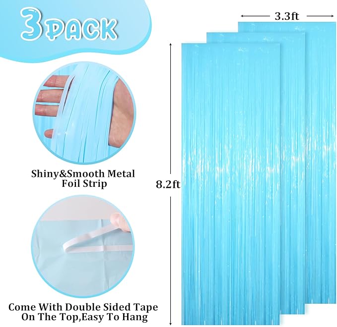 Voircoloria 3 Pack 3.3 x 8.2 ft Pastel Blue Foil Fringe Backdrop