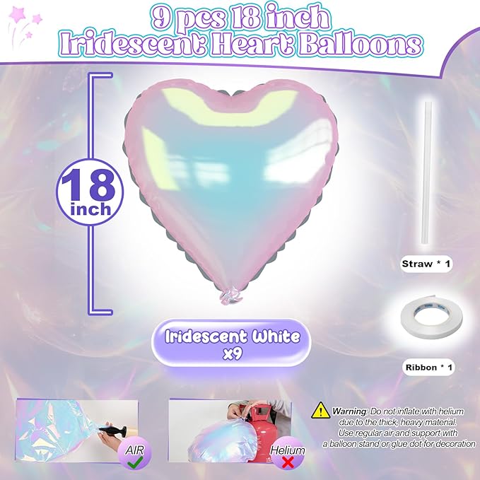Iridescent Heart Balloons, 9PCS 18Inch Transparent Laser Heart Foil