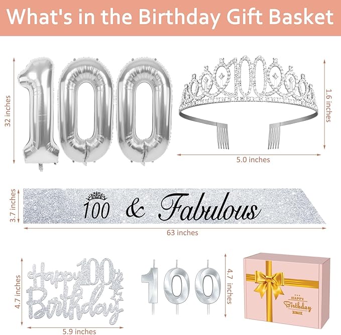 100th Birthday Decorations for Women Silver with 100th Birthday Sash