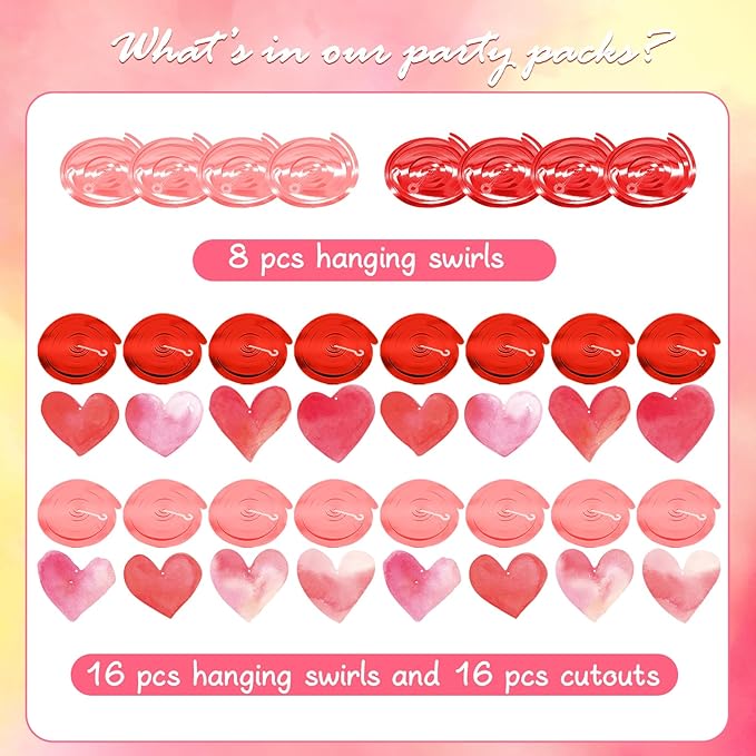 Red Pink Heart Hanging Swirl Decorations, Foil Ceiling Hanging Whirls