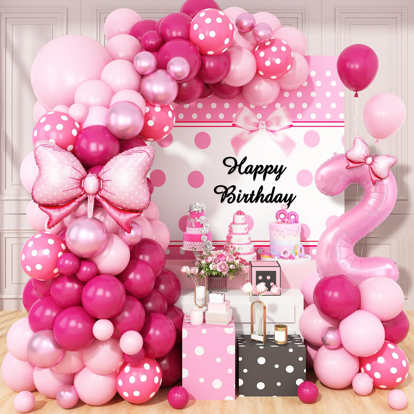 Pink 2nd Birthday Balloons Decorations, Hot Pink Rose Polka Dots