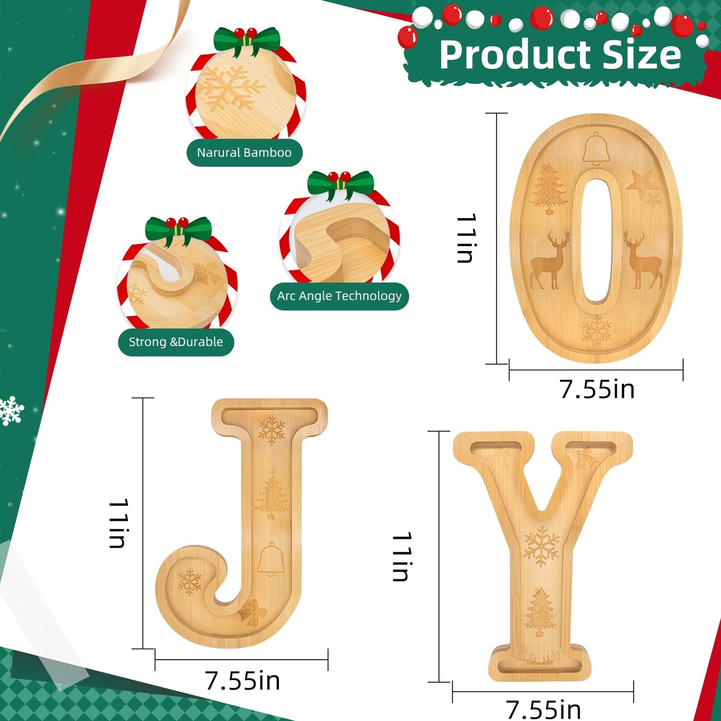 Nsoyos 3PCS Bamboo Christmas Decorations Letters Charcuterie Board