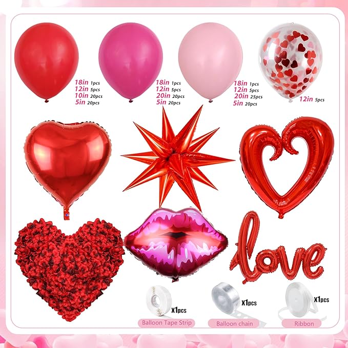 363PCS Valentines Day Balloon Arch Kit with 200 Rose Petals Heart