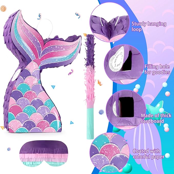 Mermaid Tail Pinata Glitter with Stick Blindfold Mermaid Birthday