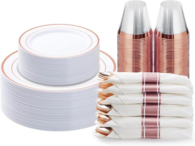 BESTVIP 175PCS Rose Gold Plastic Dinnerware Set, Disposable Party