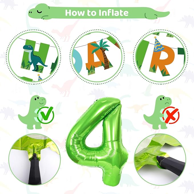 Dinosaur 4th Birthday Party Decorations for Boys Girls Foil Green