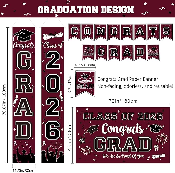 Maroon Themed Graduation Decorations Class of 2026 Congrats Grad