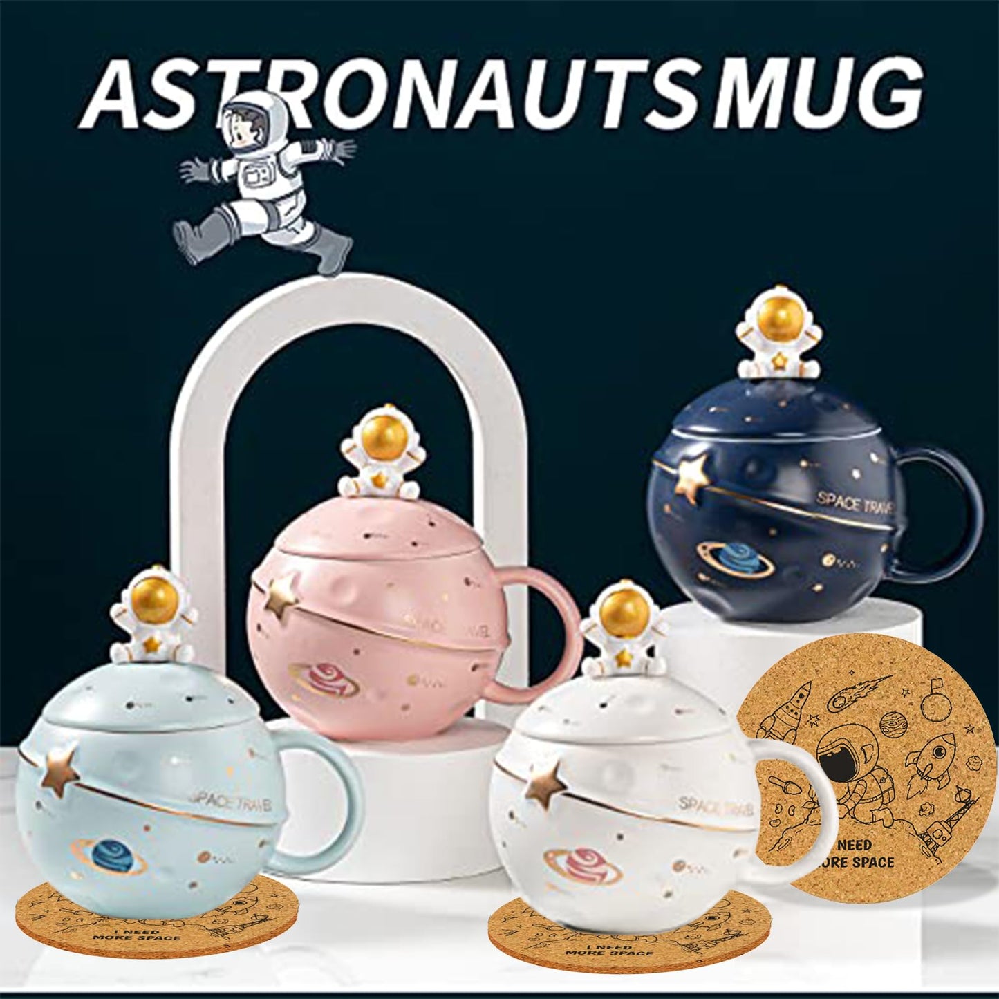 Yalucky Kawaii Astronaut Cup Space Embossed Planet Mug, Cute Ceramic