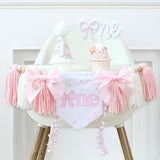 Pink Bow 1st Birthday Highchair Banner Decorations Wood Bead Tassel