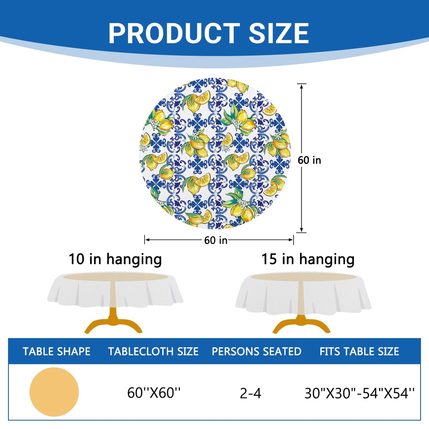 Livcoz Blue Lemon Italy Tile Pattern Round Tablecloth 60 x 60 Inches,