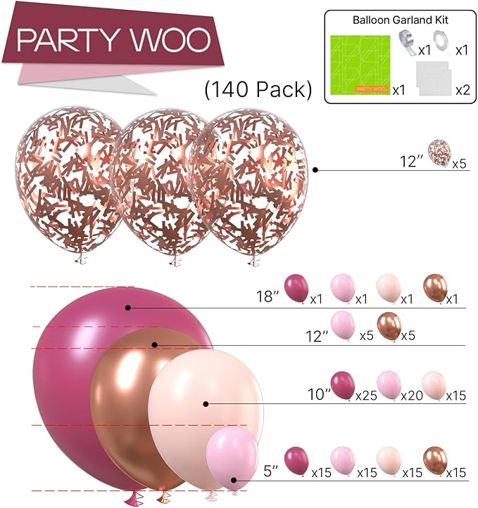 PartyWoo Dusty Rose Balloon Arch Kit, 140 pcs Pink Balloon Garland