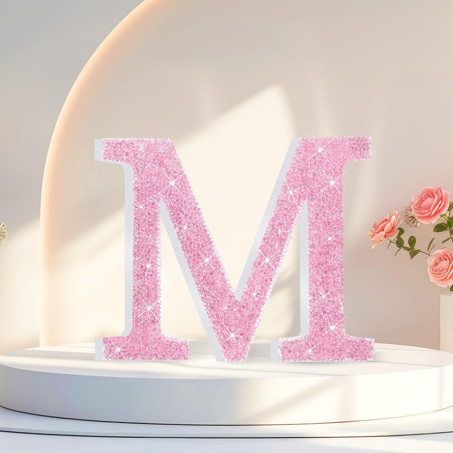 Qunclay Pink Crystal Diamond Letter Wall Decor, Glitter Wooden Bling