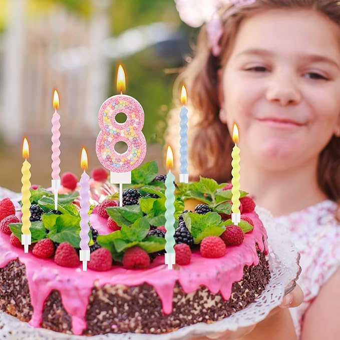 MTLEE Number 8 Birthday Candle with 12 Pcs Spiral Candles for Girls Ma