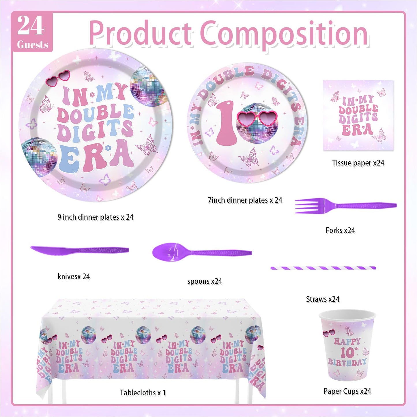 MEHOFOND 193pcs 10th Birthday Party Supplies for Girls, In My Double