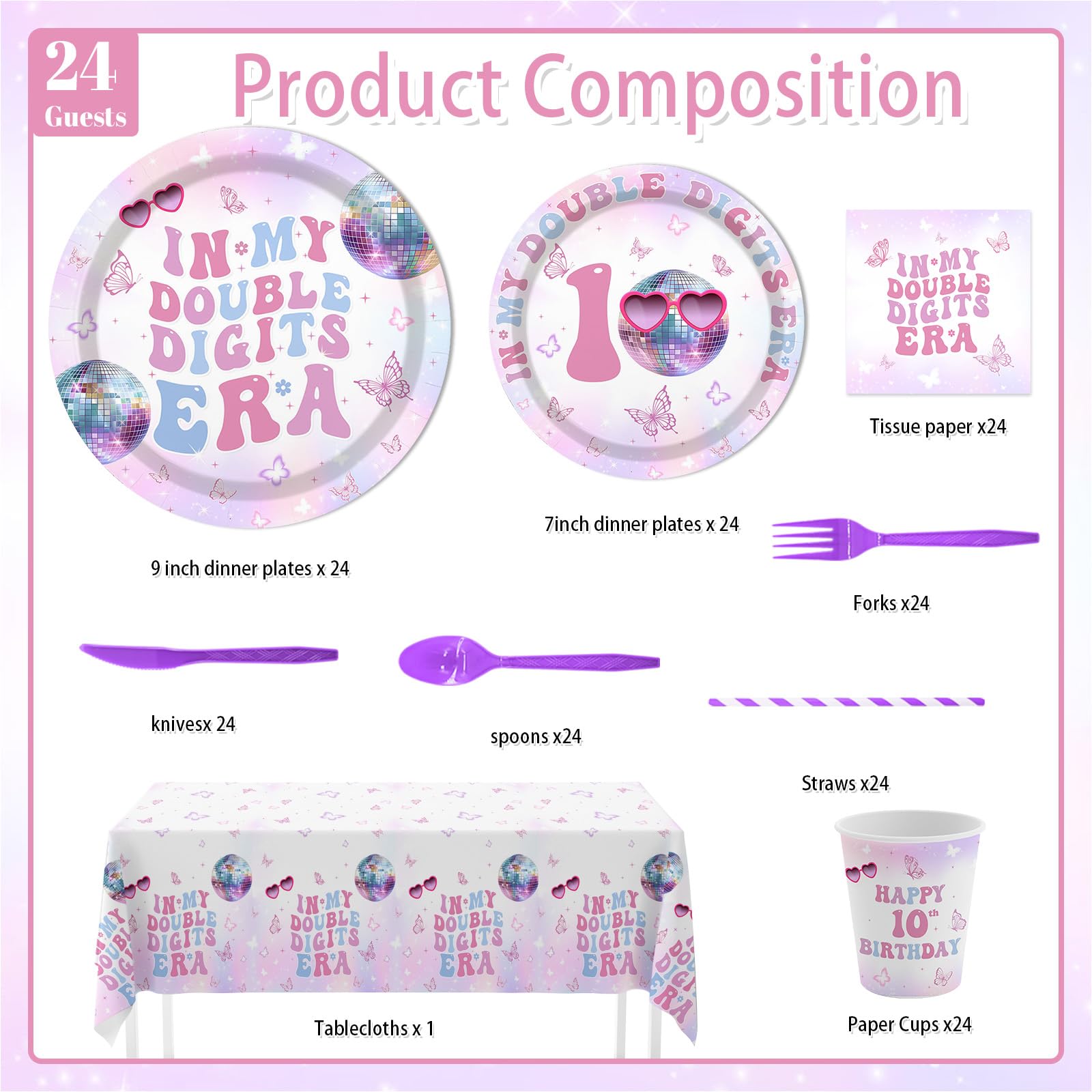 MEHOFOND 193pcs 10th Birthday Party Supplies for Girls, In My Double