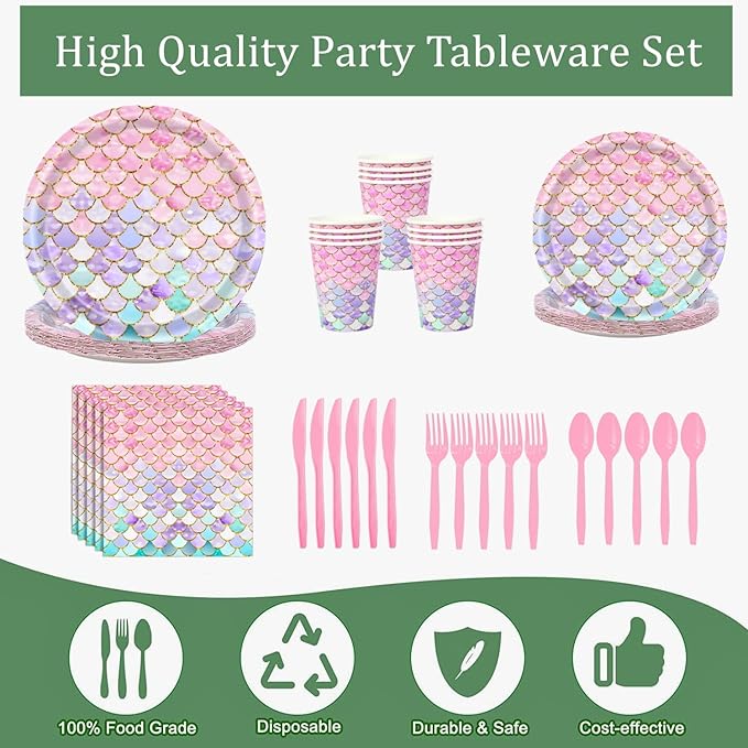 168 Pcs Mermaid Birthday Party Decorations Plates Set for 24 Guests