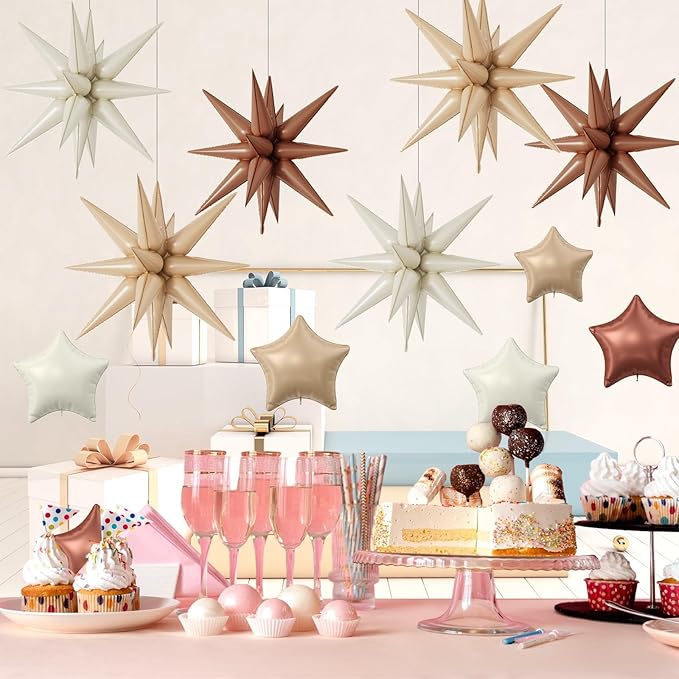 18 Pcs Cream Star Balloons, Caramel Brown Balloon with 6 Pcs 22-Inch