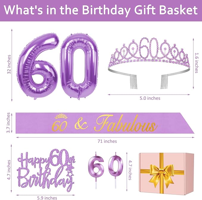 60th Birthday Decorations for Women Purple with 60th Birthday Sash