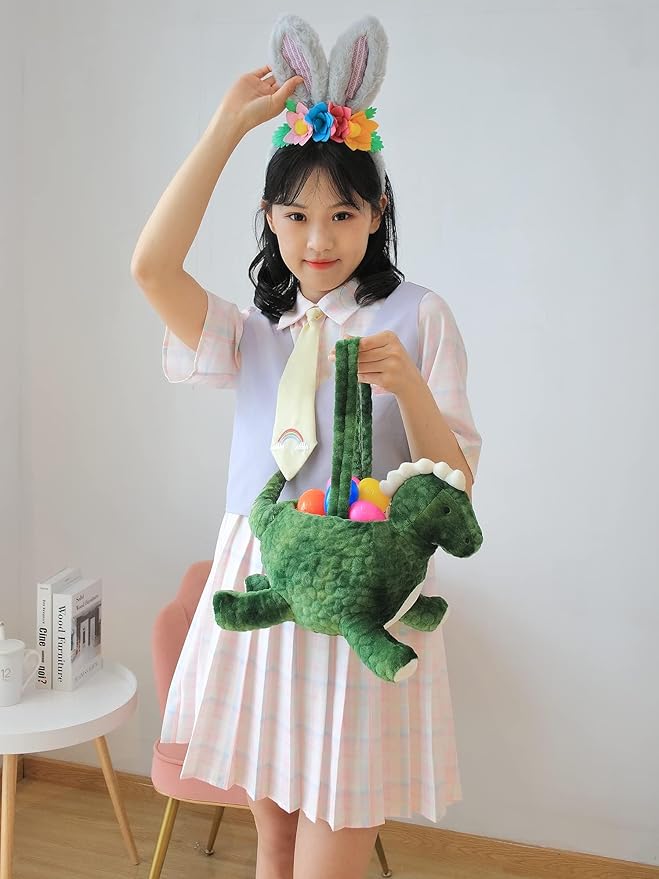 3D Dinosaur Plush Basket Easter Egg Hunting Basket Cute Animal Plush