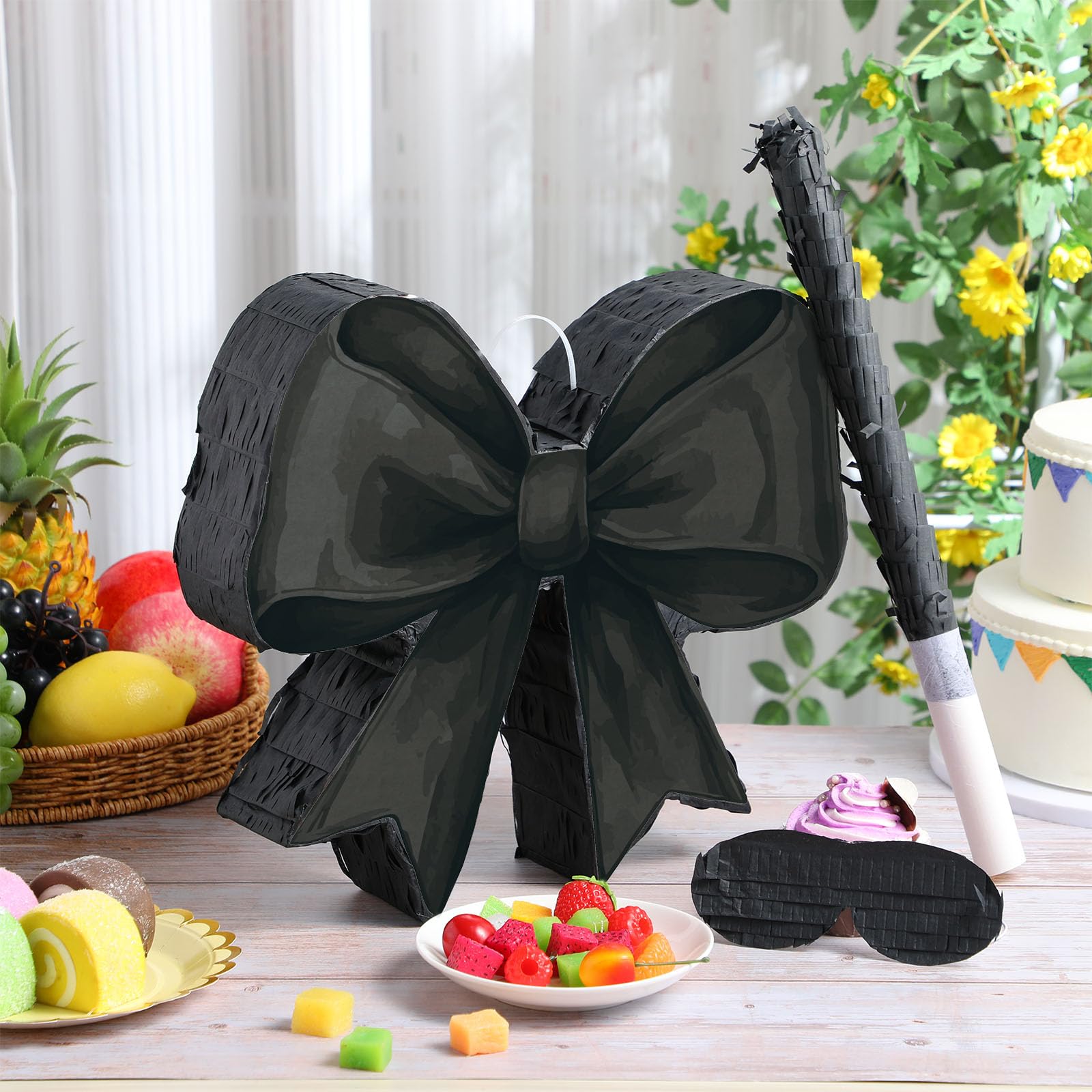 Threan Bow Piñata Bow Party Piñata with Bat Stick Blindfold Mask