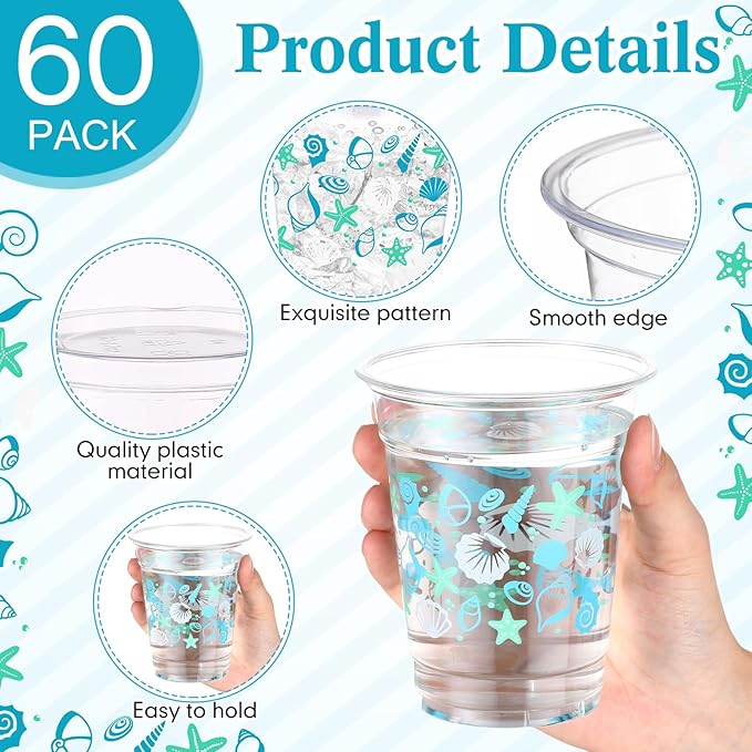 60 Pack Seashell Beach Plastic Cups 12 oz Summer Beach Starfish