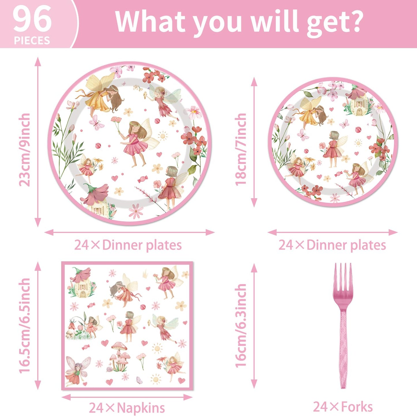 Fairy Birthday Party Supplies Tableware - 96PCS Butterfly Flower