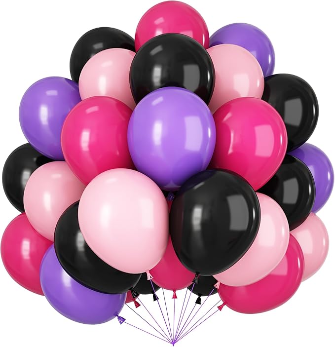 Black and Pink Purple Balloons, 60pcs 12Inch Black and Hot Pink