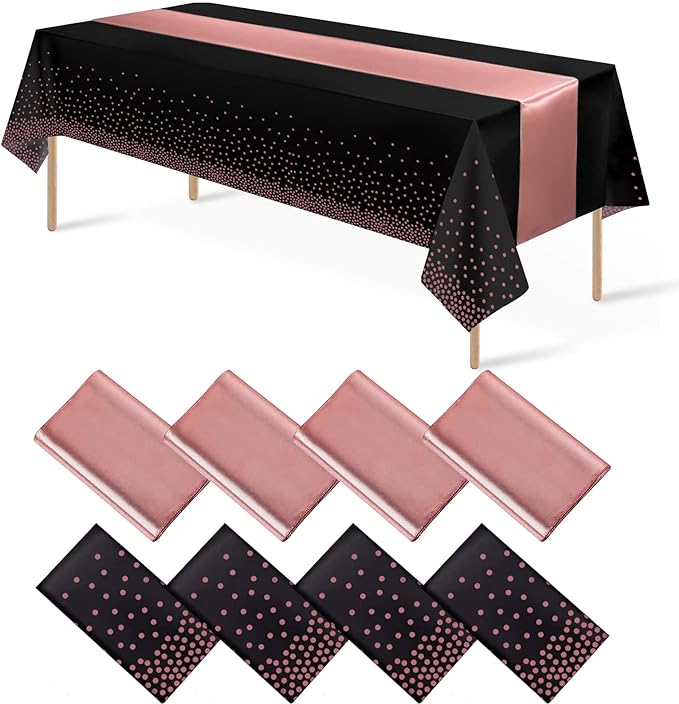 8Pack Disposable Plastic Tablecloths and Satin Table Runner Set Black
