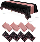 8Pack Disposable Plastic Tablecloths and Satin Table Runner Set Black
