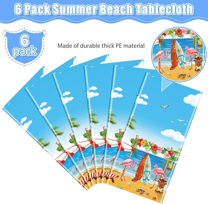 6 Pack Summer Beach Plastic Tablecloth Party Decorations, Disposable