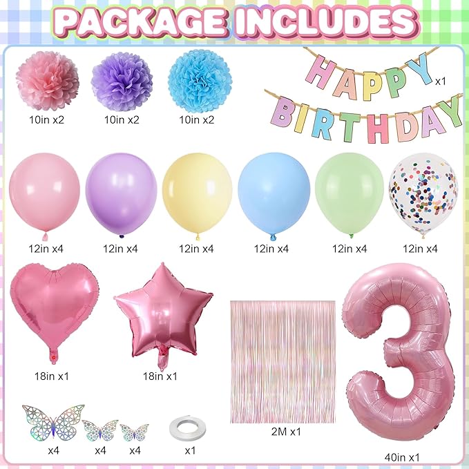 Pastel 3rd Birthday Party Decorations for Girls Number 3 Balloon