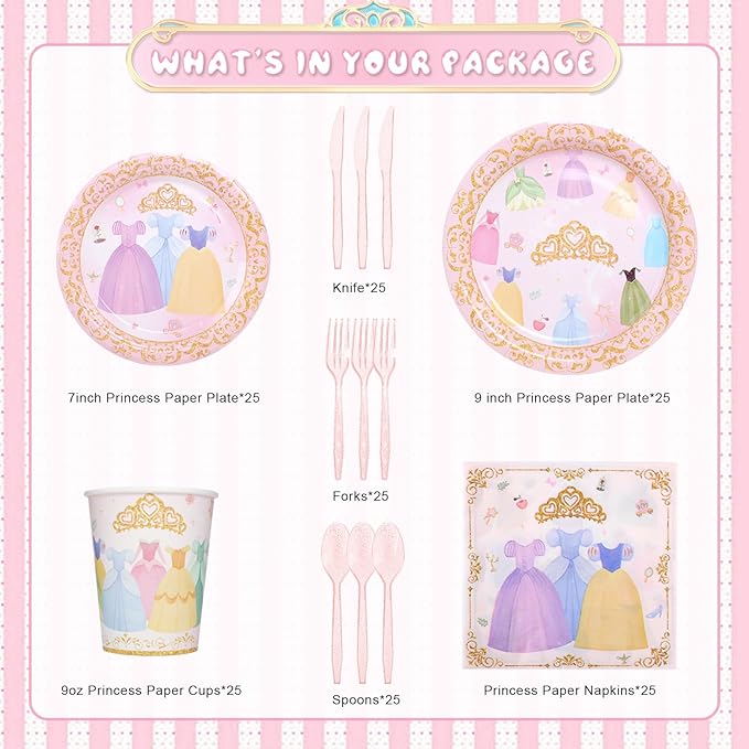 175Pcs Princess Paper Plates Napkins Princess Themed Birthday Party