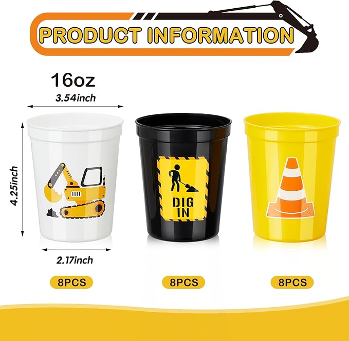 24 Pcs Construction Party Favors 16oz Construction Cups Thick
