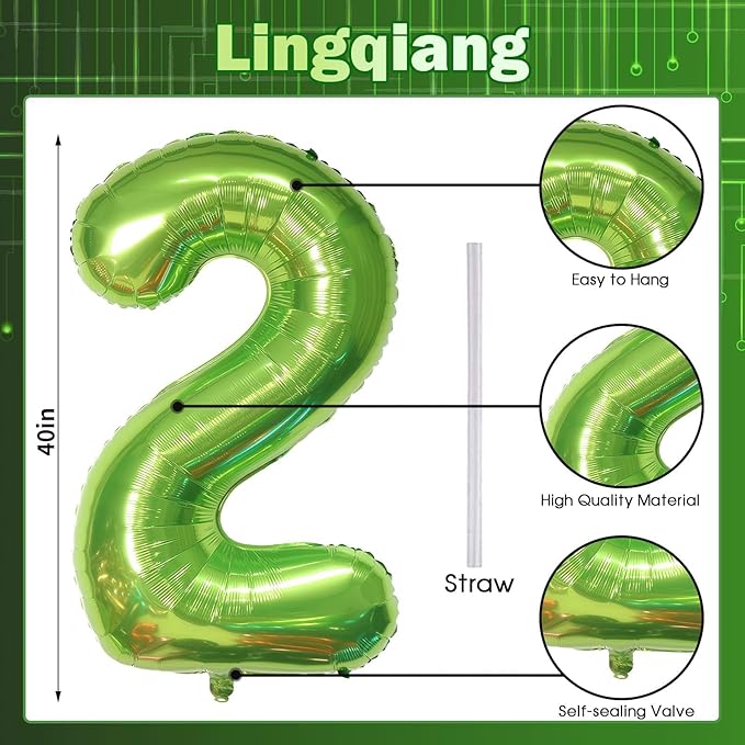 Green 2 Balloons, 40 Inch Giant Helium Foil Number 0-9 Green Birthday