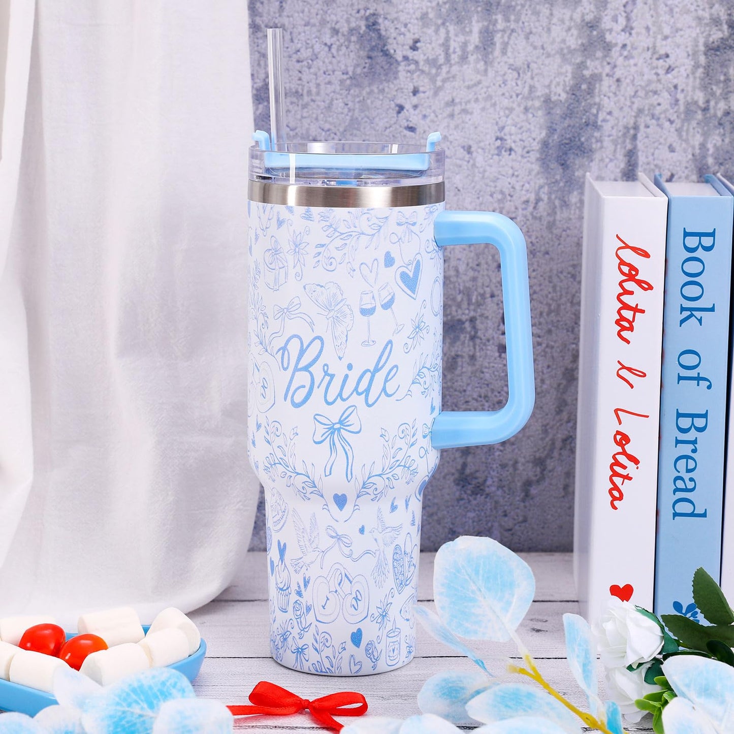 Whaline 40oz Bride Tumbler with Handle Straw and Lid Blue Bow Floral