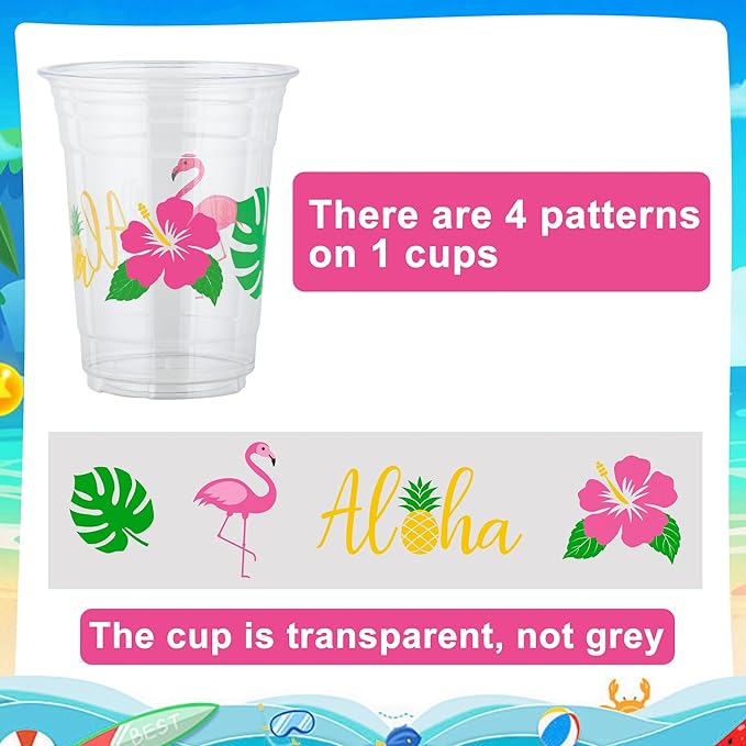 50 Pcs Hawaiian Luau Party Cups 16 oz Tropical Luau Drinking Cups