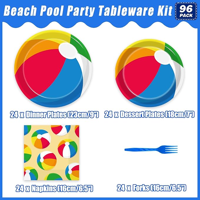 96 Pcs Summer Pool Beach Party Paper Plates Napkins Beach Pool Ball