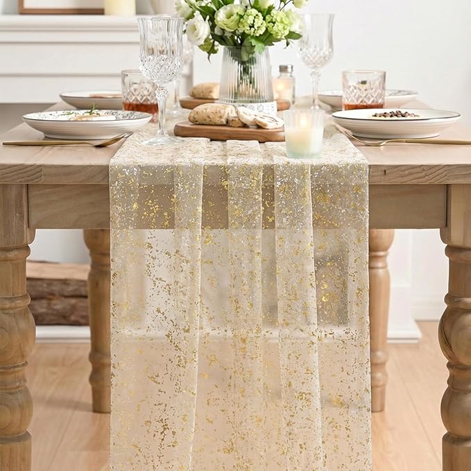 Artoid Mode Gold Gauze Champagne Table Runner 120 Inch 10FT, Glitter