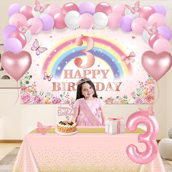 3rd Birthday Decorations for Girls 47pcs Pink Flower Rainbow Banner