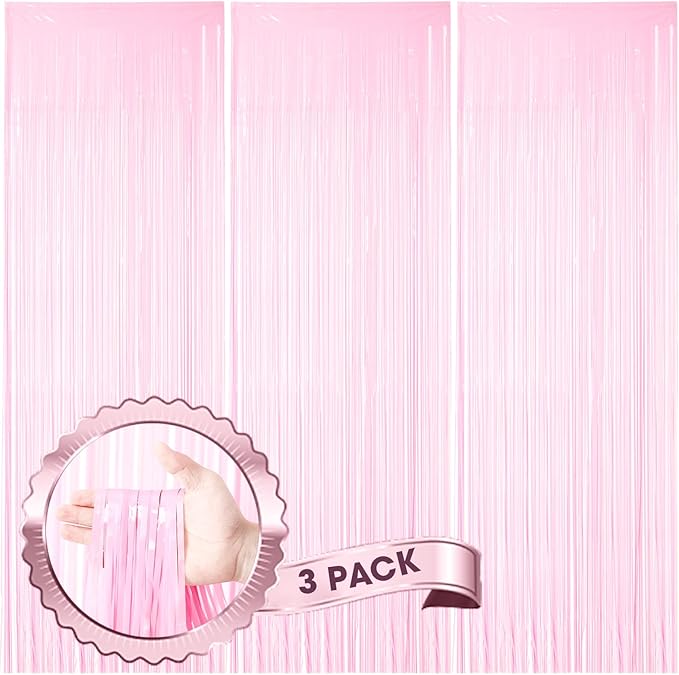 Voircoloria 3 Pack 3.3 x 8.2 ft Pasel Pink Foil Fringe Backdrop