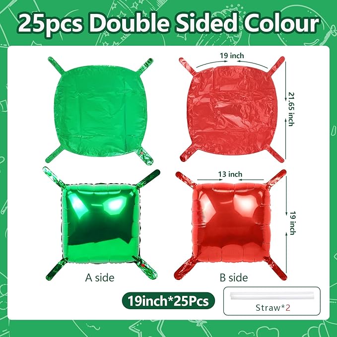 25PCS Christmas Balloons Red Green Square Foil Balloon Wall Backdrop