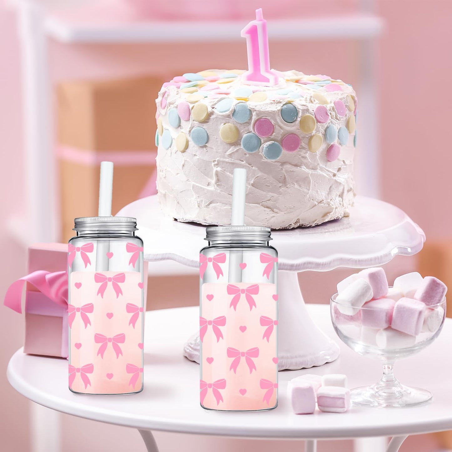 Whaline 20Pcs Coquette Pink Bow Plastic Cups with Lids and Straws