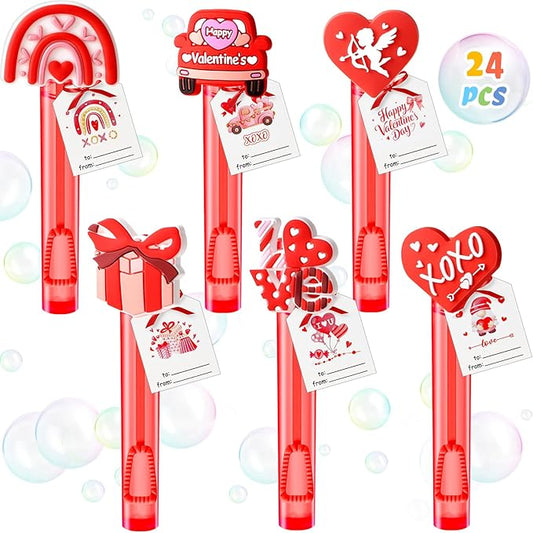 Valentines Party Favors for Kids Mini Bubble Wands Bulk with Card 24