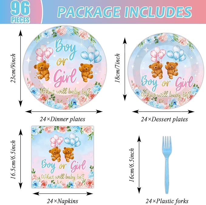 96 Pieces Bear Gender Reveal Theme Tableware Set for Gender Reveal
