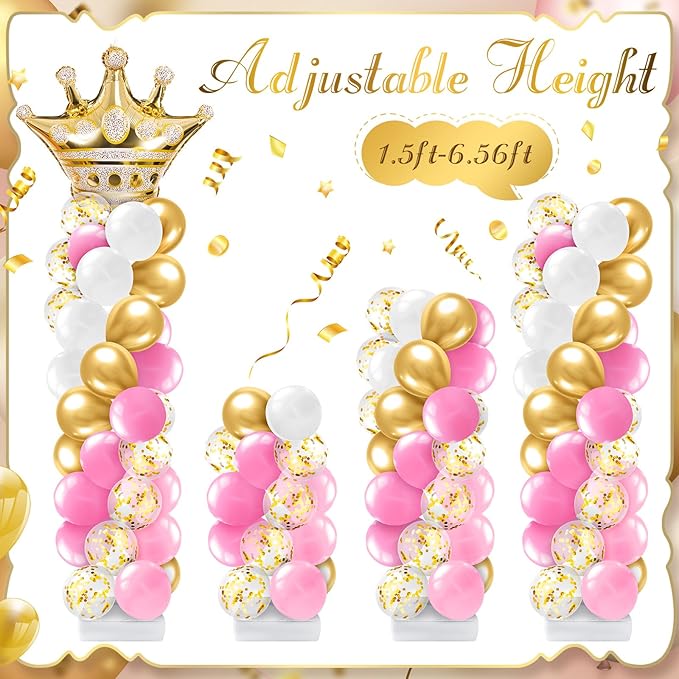 2 Sets Princess Party Balloon Column Stand Kit with 2 Crown Foil