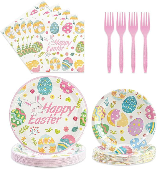 96Pcs Easter Paper Plates and Napkins Easter Eggs Themed Tableware