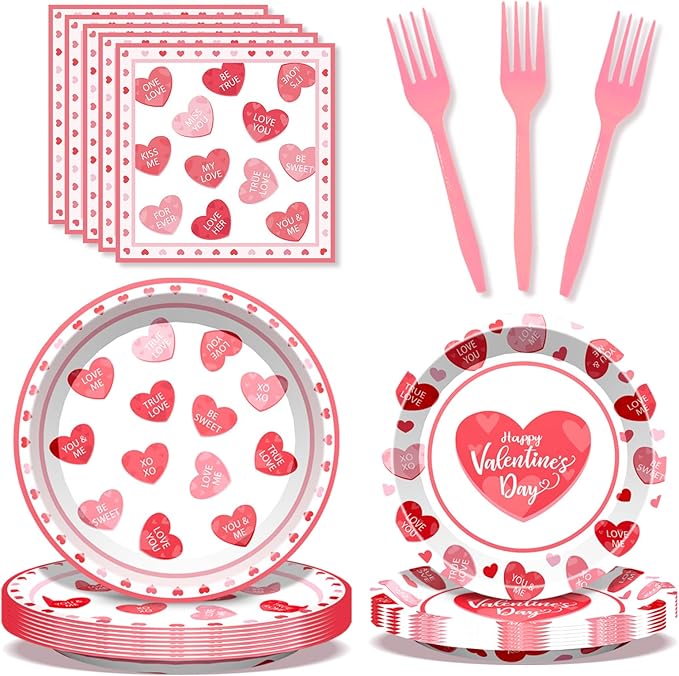 96Pcs Valentines Day Pales and Napkins Red Heart Love Valentine