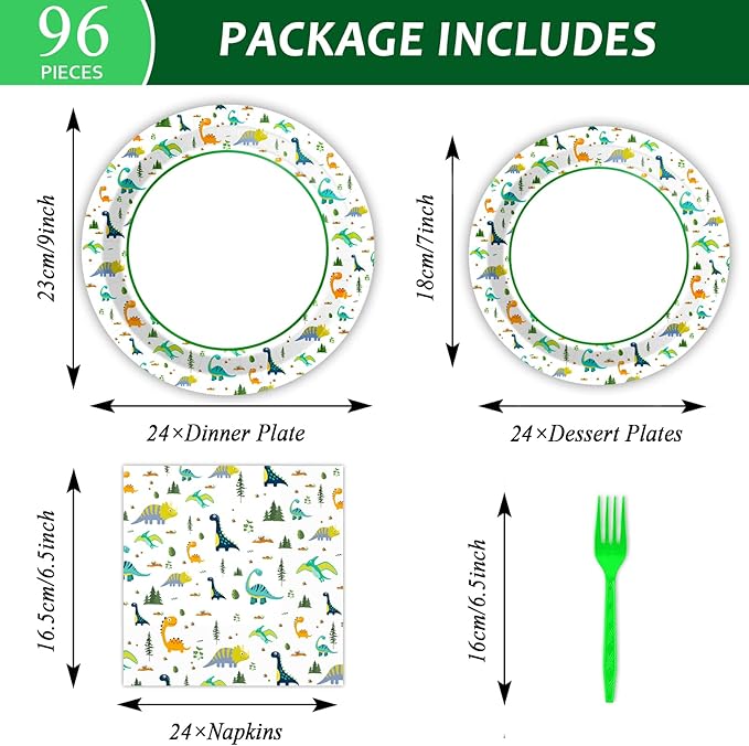 96 Pcs Dinosaur Party Plates Napkins Watercolor Dinosaur Paper