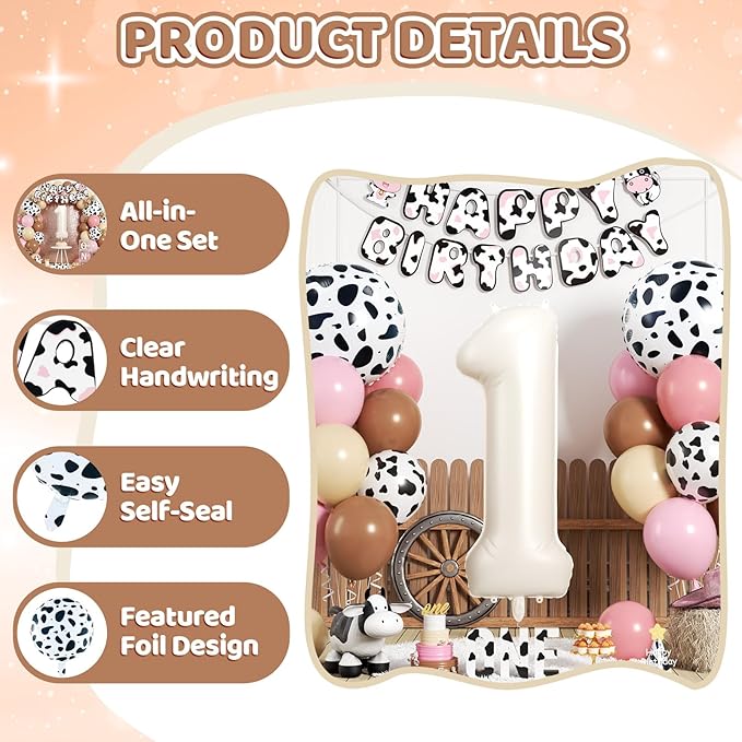 1st Birthday Decorations for Girls, 40 Inch Cream Number 1 Balloon,