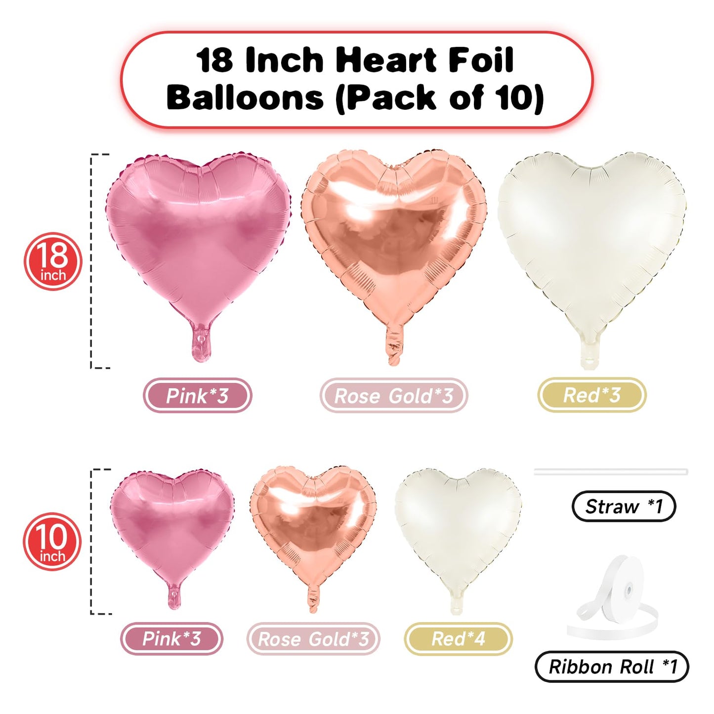 Pink White Heart Balloons, 19PCS Rose Gold and White Heart Shape